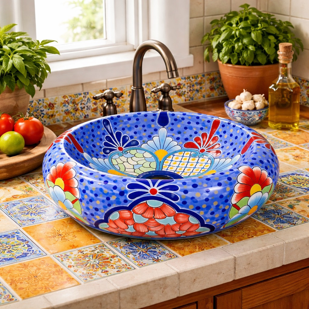 Blue dotted talavera vessel Mexican bathroom sink design in kitchen sink on tile countertop with natural light