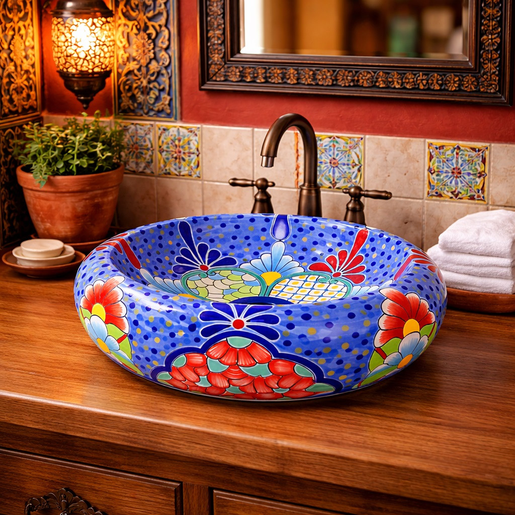 Blue dotted talavera vessel Mexican bathroom sink design in restaurant restroom with colorful decor and warm lighting