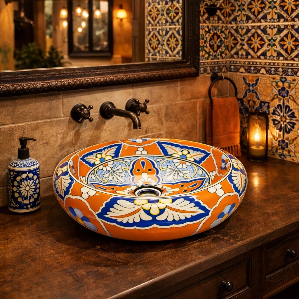 Orange blue talavera vessel Mexican bathroom sink design in restaurant restroom with decorative tile and warm ambiance