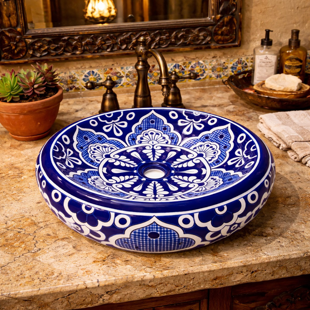 Talavera bathroom vessel sink blue white floral design in hacienda interior with warm textures