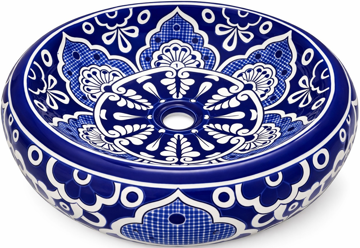 Talavera bathroom vessel sink blue white floral design