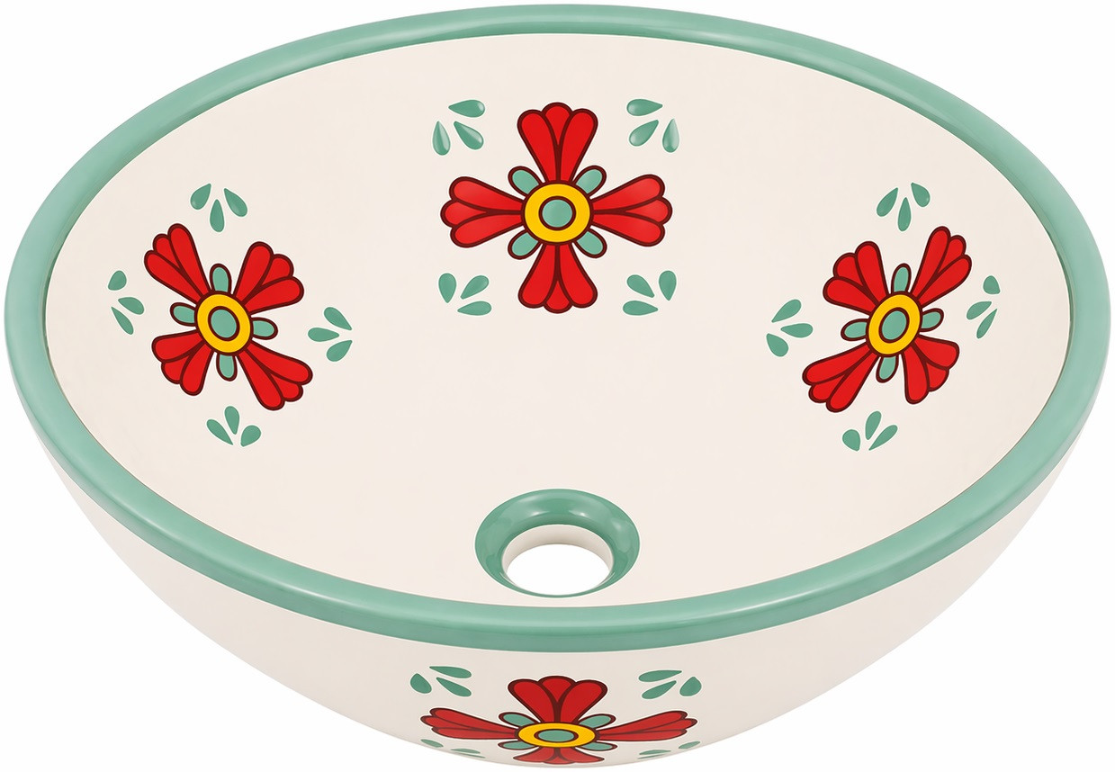 Talavera vessel sink round floral green rim bathroom top view