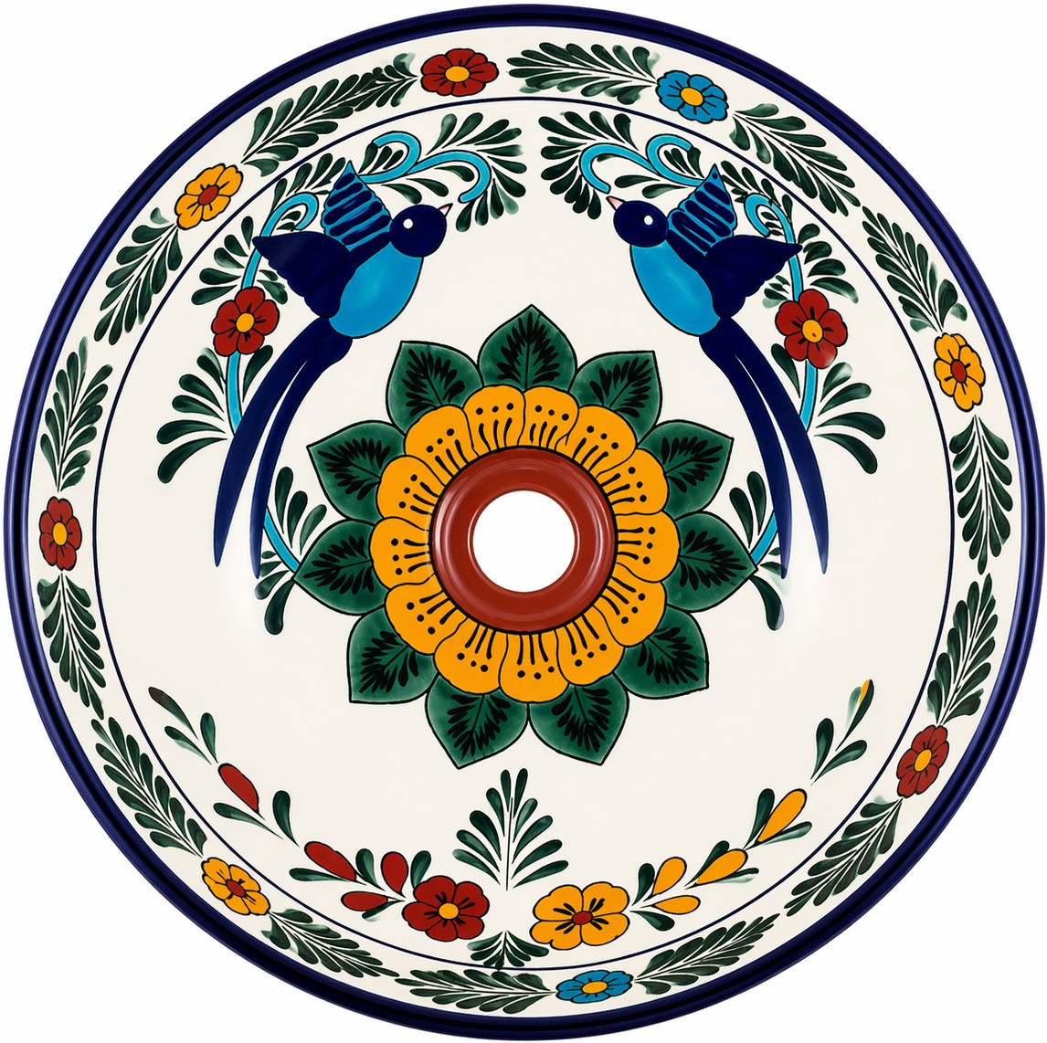 Talavera vessel sink round birds floral Mexican bathroom drain view