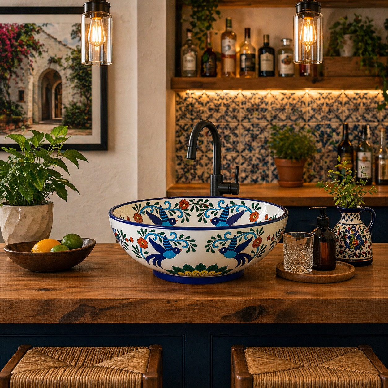 Talavera vessel sink round birds floral Mexican bathroom styled in a kitchen bar with wood countertop and artisan accents