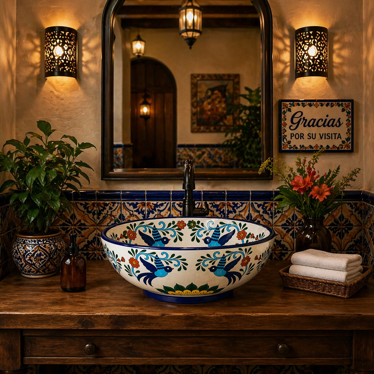 Talavera vessel sink round birds floral Mexican bathroom featured in a restaurant restroom with warm decorative ambiance