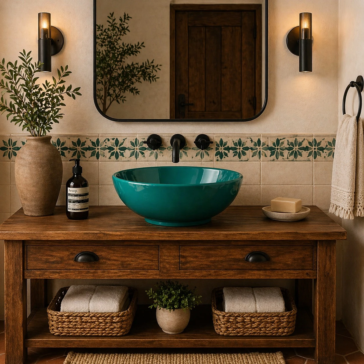 Talavera vessel sink round teal modern Mexican bathroom in a sleek bathroom vanity with stone countertop