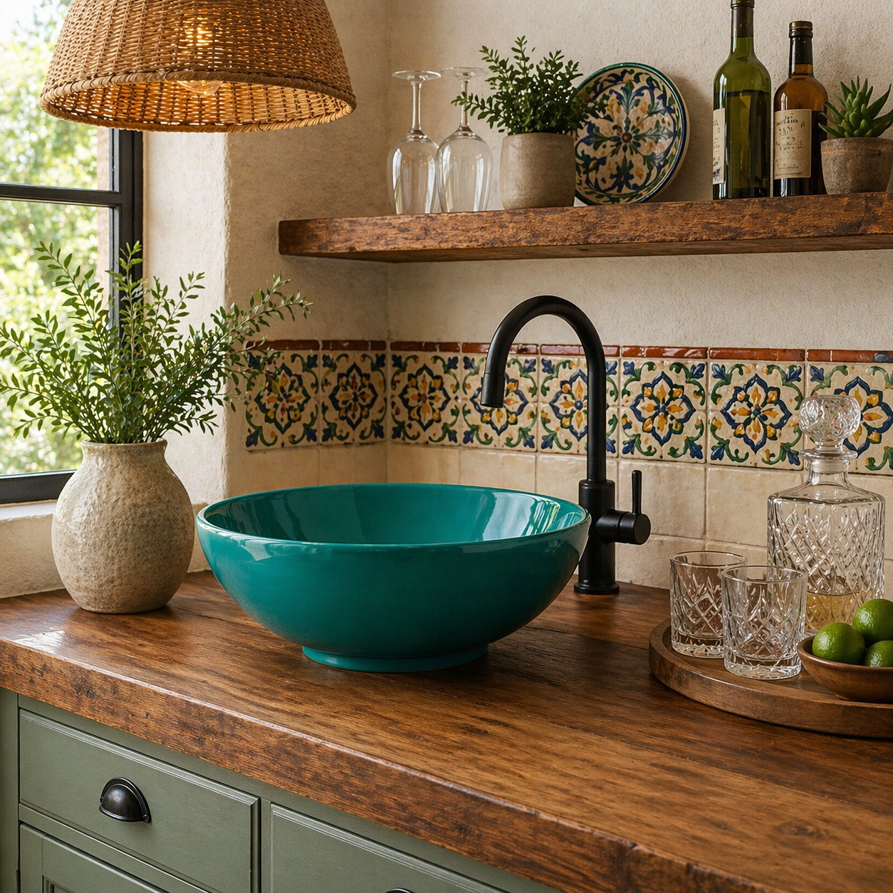 Talavera vessel sink round teal modern Mexican bathroom placed in a kitchen bar with wood surface and natural light