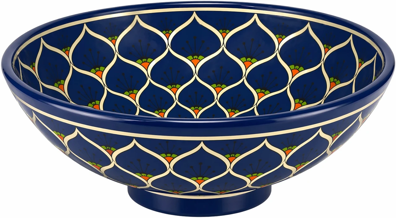 Talavera vessel sink round blue floral design top view