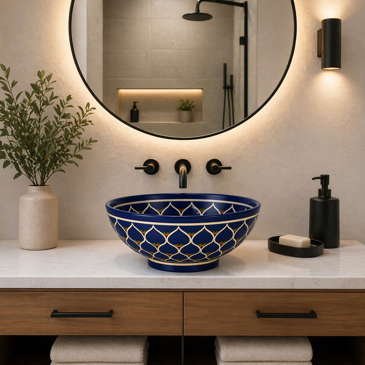 Talavera vessel sink round blue floral design in a modern bathroom with clean lines and neutral tones
