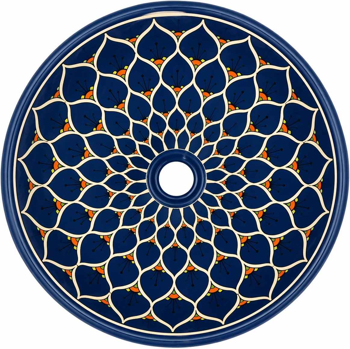 Talavera vessel sink round blue floral design drain view