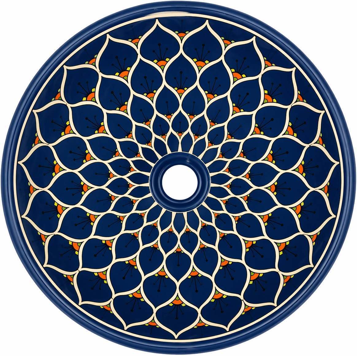 Talavera vessel sink round blue floral design drain view