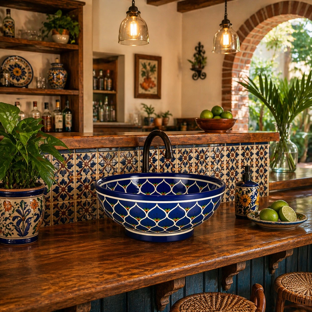 Talavera vessel sink round blue floral design in a kitchen bar with decorative tile backsplash