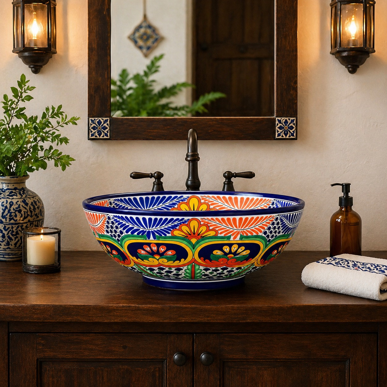Talavera vessel sink round floral geometric design in bathroom vanity with natural light and handcrafted Mexican ceramic detail