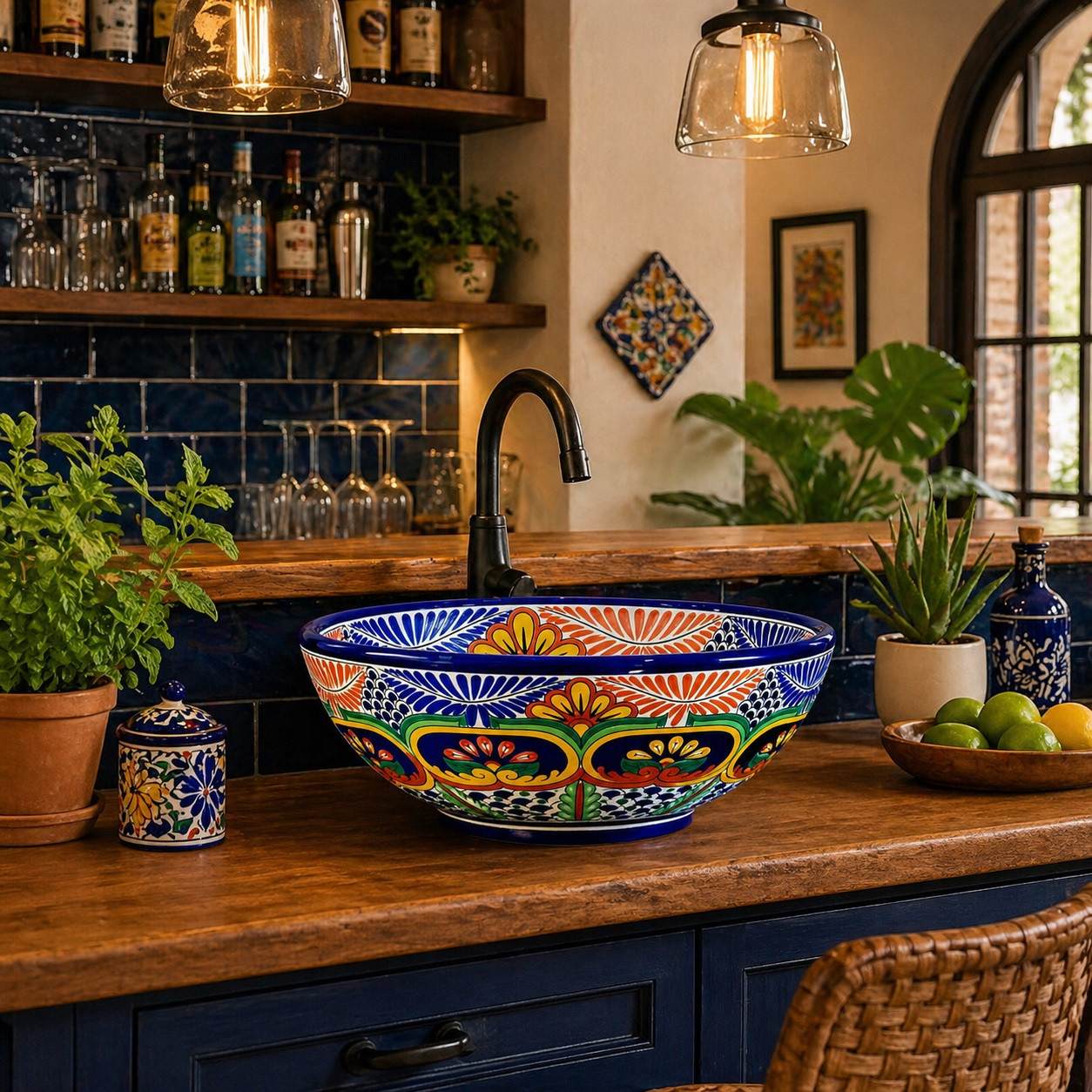 Talavera vessel sink round floral geometric design in kitchen bar setup adding vibrant artisan style accent