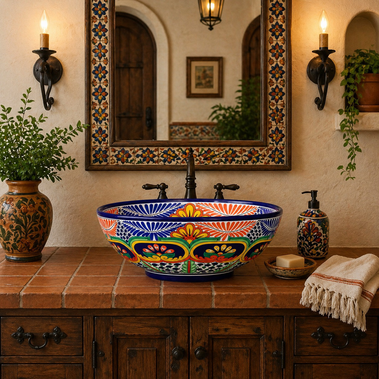 Talavera vessel sink round floral geometric design in Spanish Revival bathroom with warm tones and rustic finishes