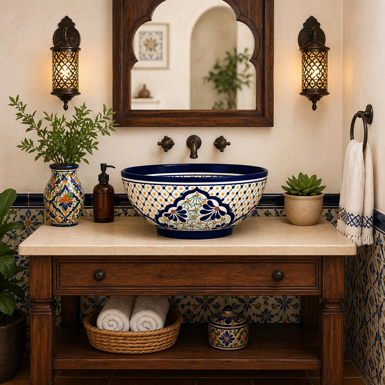 Talavera vessel sink round blue lattice floral design in bathroom vanity with warm wood and natural light setting
