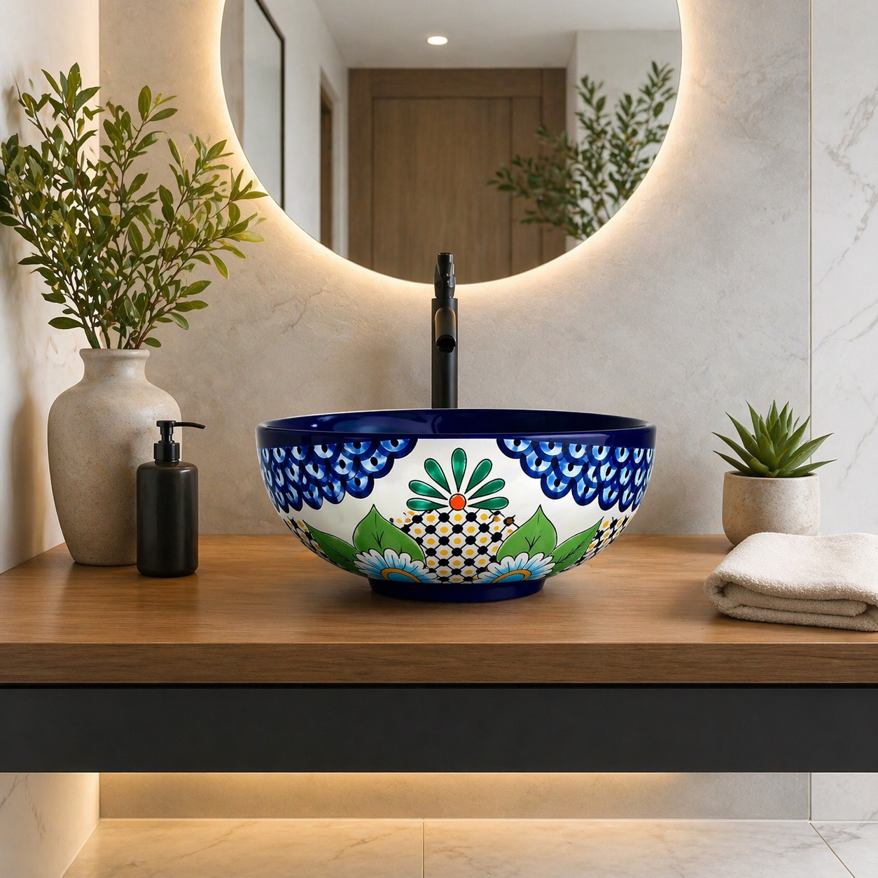 Talavera vessel sink round floral lattice design in a modern bathroom vanity with clean lines and window light