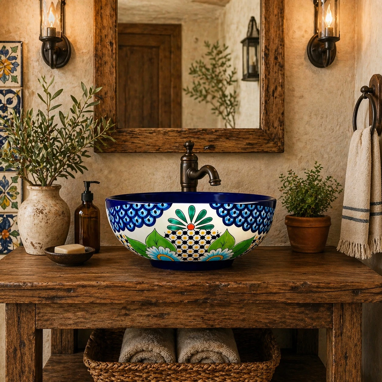 Talavera vessel sink round floral lattice design in a rustic bathroom setting with wood vanity and open window