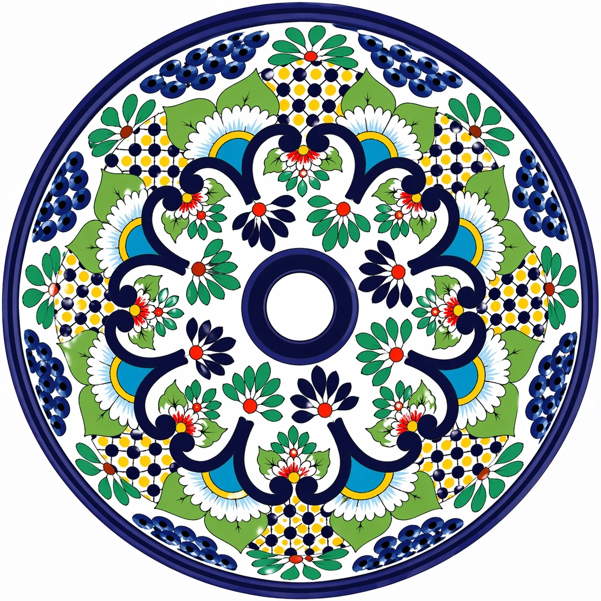 Talavera vessel sink round floral lattice design drain view