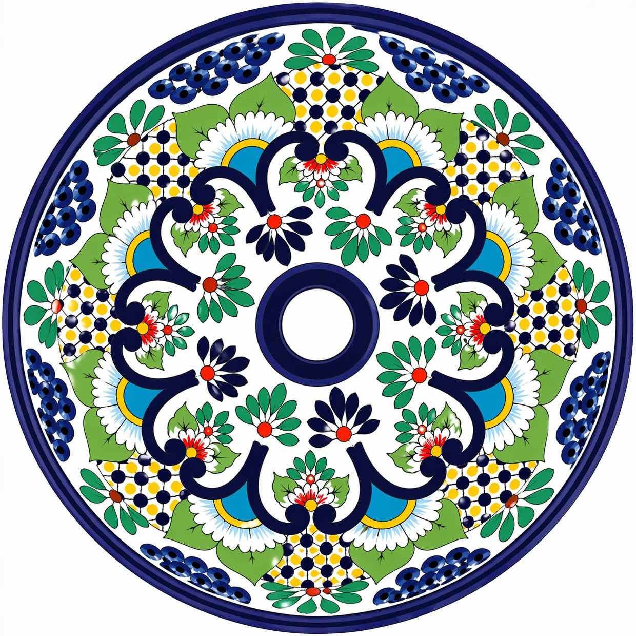 Talavera vessel sink round floral lattice design drain view