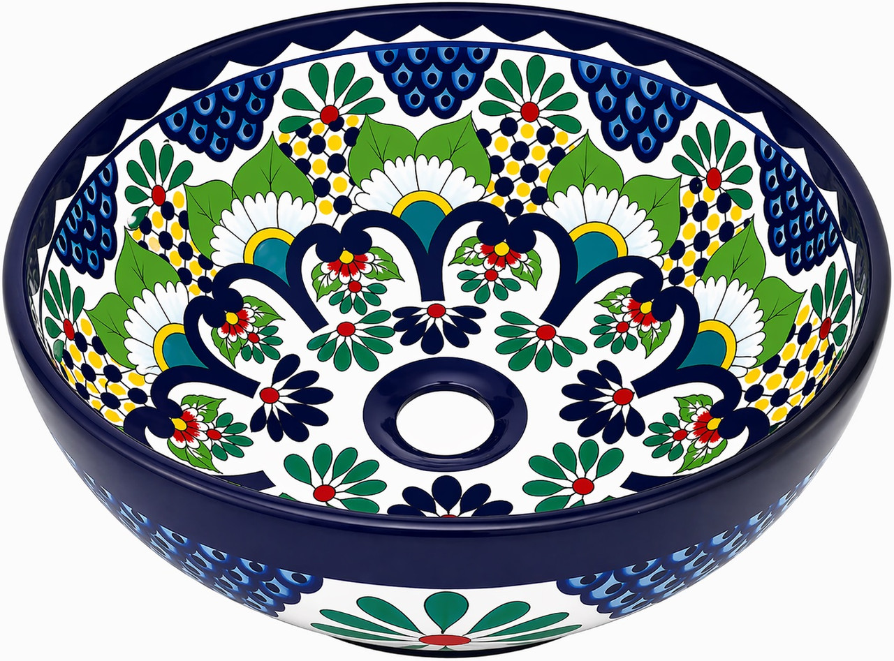 Talavera vessel sink round floral lattice design top view
