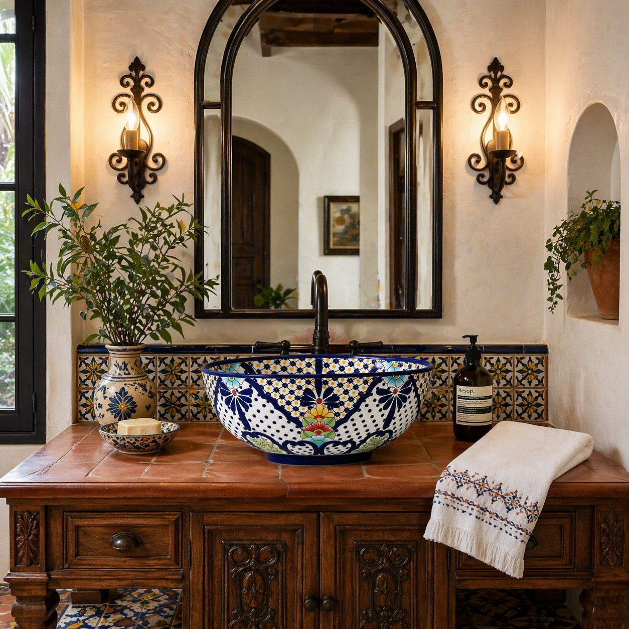 Talavera vessel sink round blue floral pattern design in Spanish Revival bathroom with tile walls and warm textures