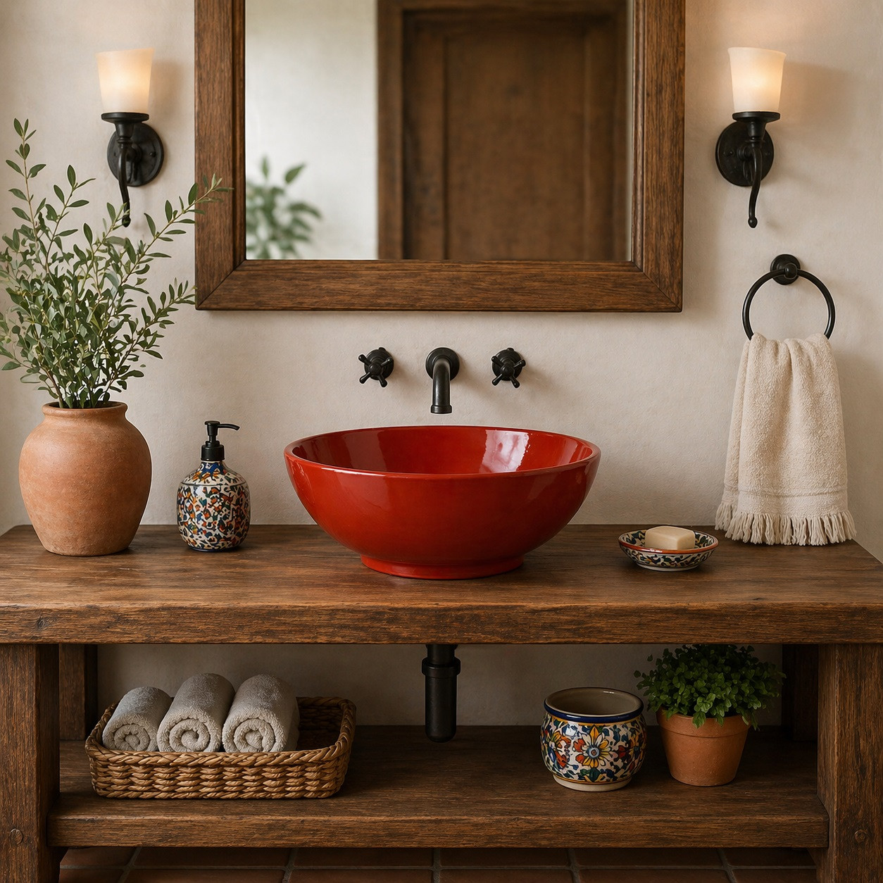 Talavera vessel sink round solid terracotta red modern design in a bathroom vanity with warm tones and clean finishes