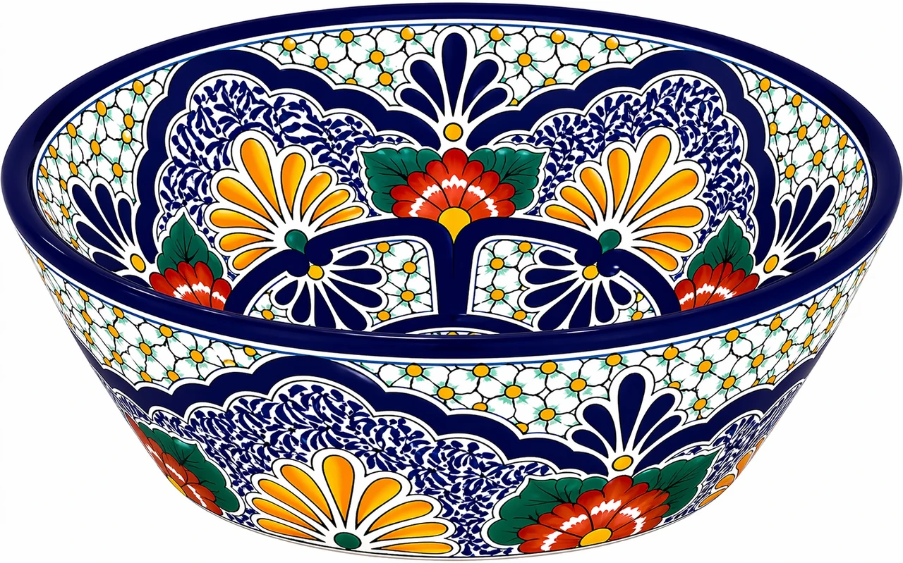 Mexican talavera round floral blue bath sink