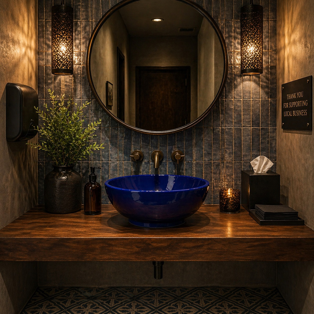 Talavera vessel sink round cobalt minimalist design featured in a restaurant restroom with elegant ambient lighting