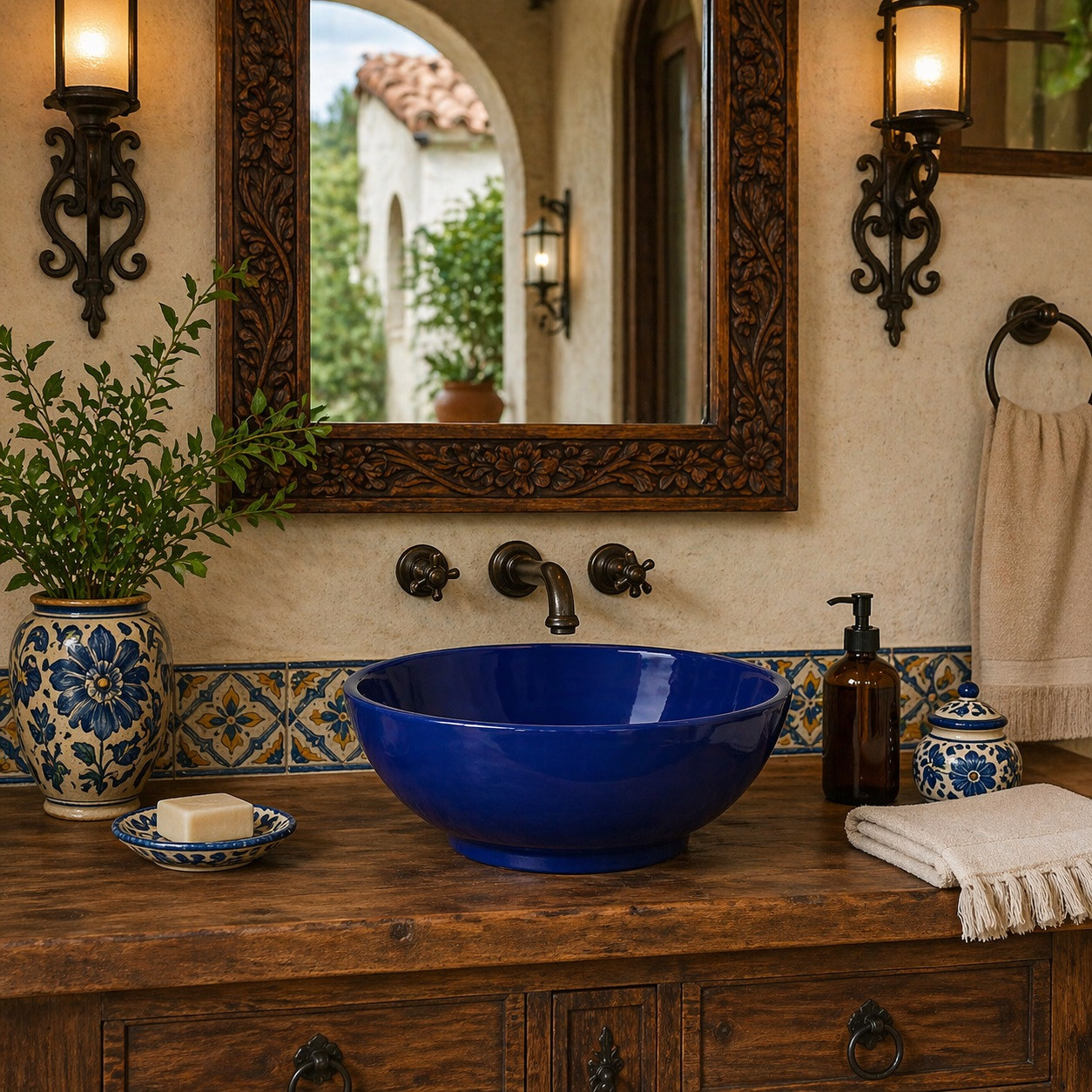 Talavera vessel sink round cobalt minimalist design in a clean bathroom vanity with wood countertop and natural light