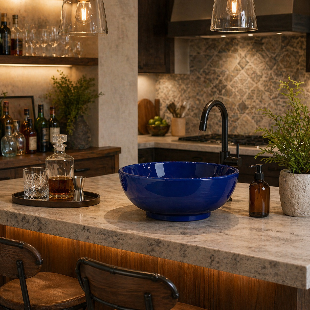 Talavera vessel sink round cobalt minimalist design placed in a kitchen bar with stone surface and warm accents