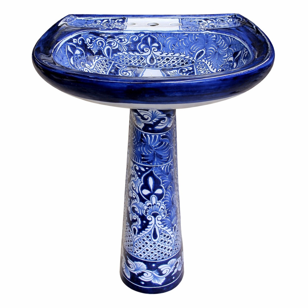 Blue and white talavera pedestal bathroom sink front view