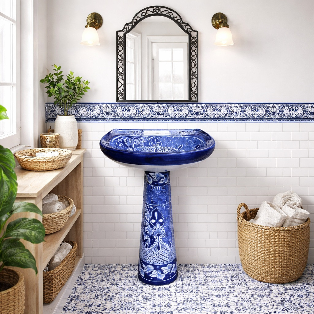 Blue and white talavera pedestal sink in a bathroom