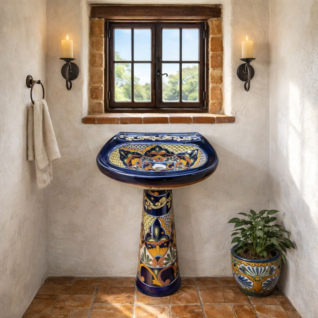Hacienda revival Talavera pedestal sink with floral scroll pattern in a bathroom