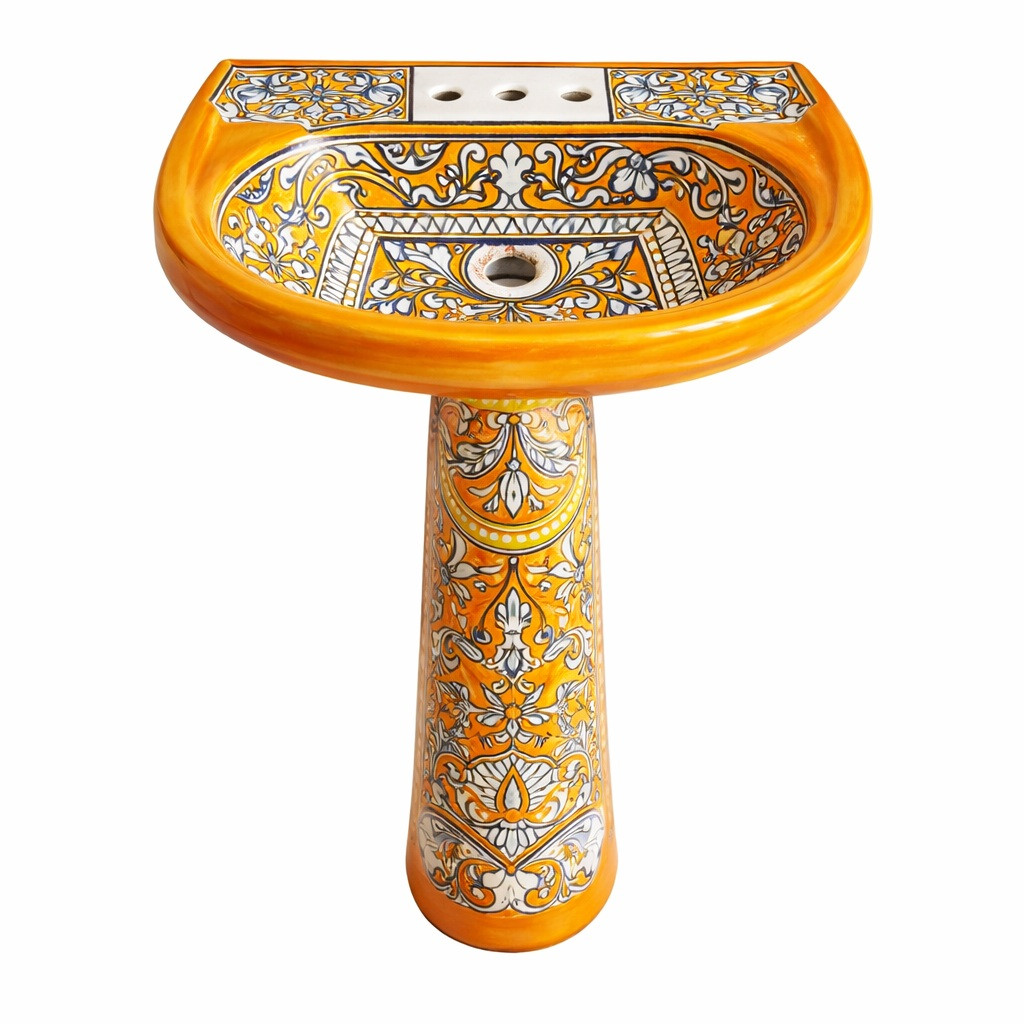 Orange Talavera pedestal sink with floral scrollwork front view