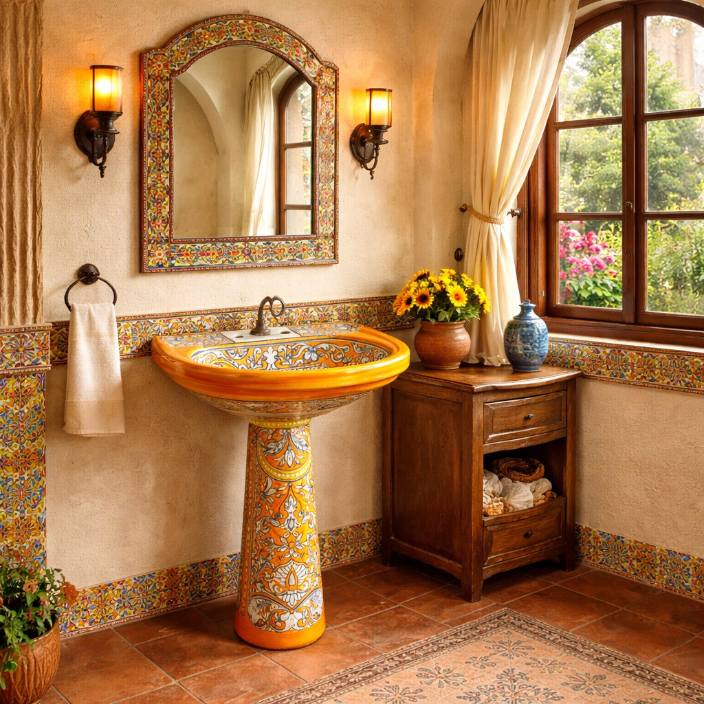 Orange Talavera pedestal sink with floral scrollwork in a bathroom