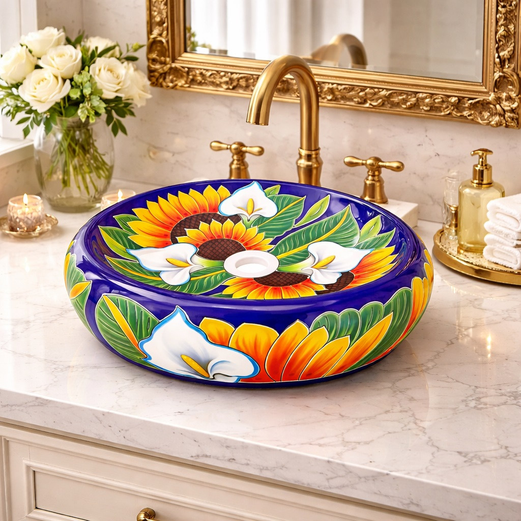 Talavera sunflower calla vessel bathroom sink handmade design in luxury vanity with marble countertop and gold fixtures