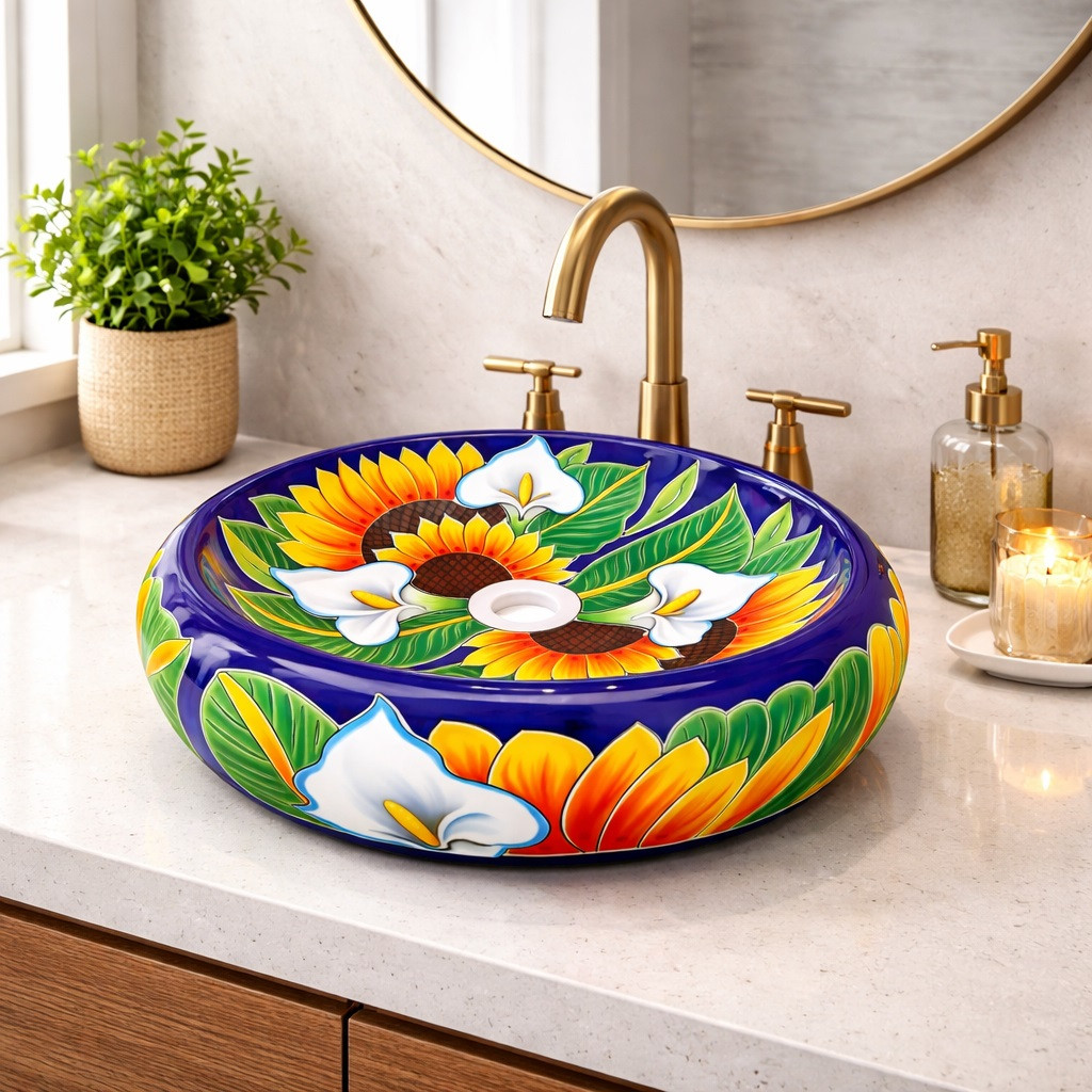 Talavera sunflower calla vessel bathroom sink handmade design in modern bathroom vanity with clean lines and bright space