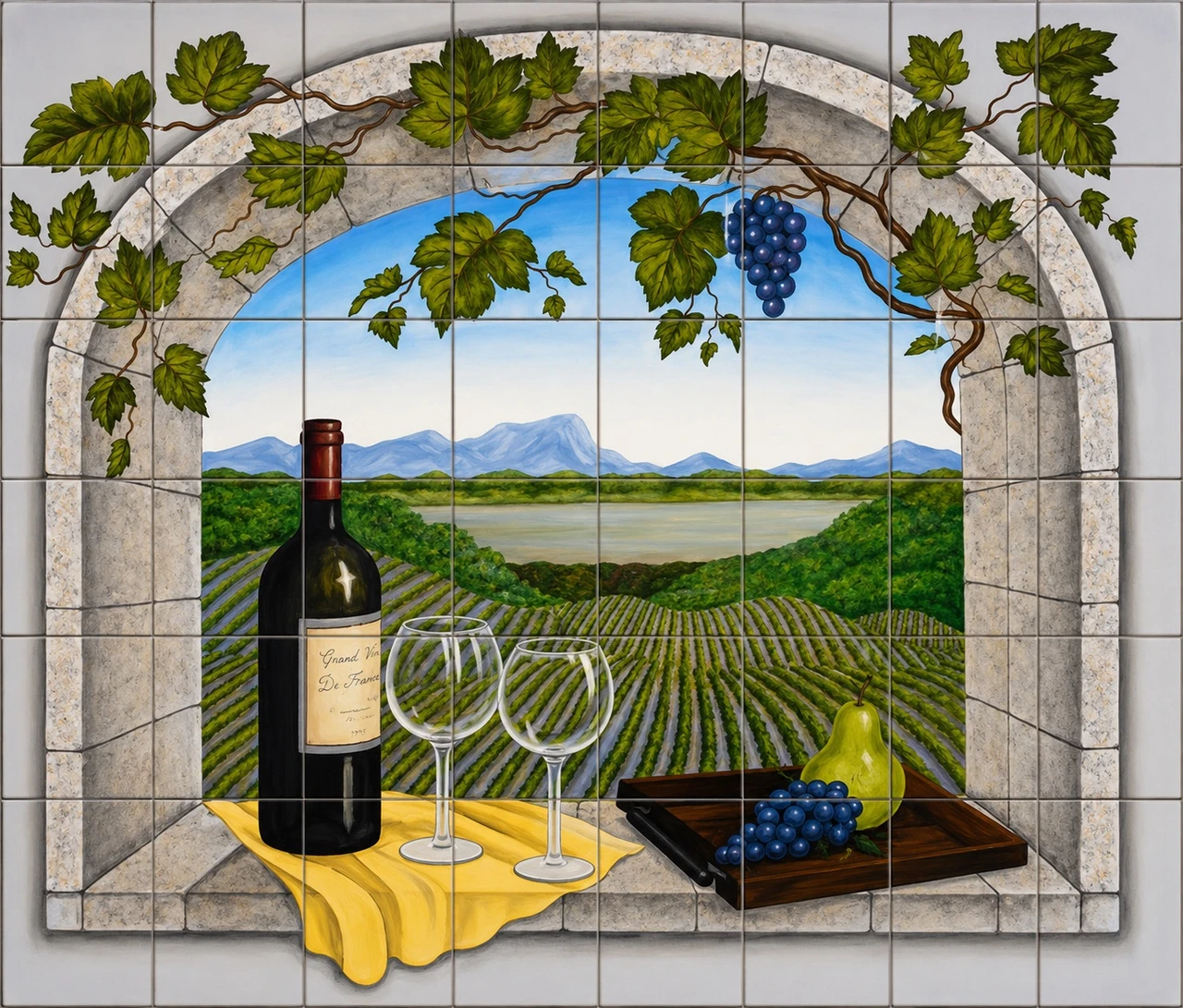 Talavera kitchen tile mural vineyard arch