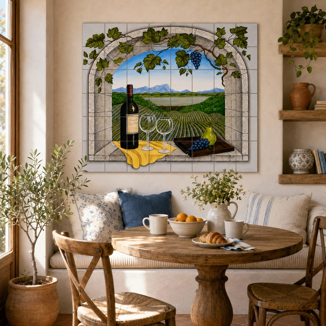 Talavera kitchen tile mural vineyard arch in a breakfast nook with rustic seating and pottery.