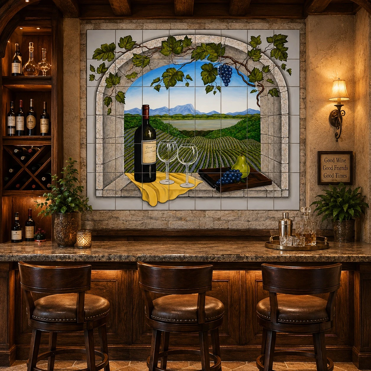 Talavera kitchen tile mural vineyard Arch in a home bar with dark wood cabinetry and glassware.