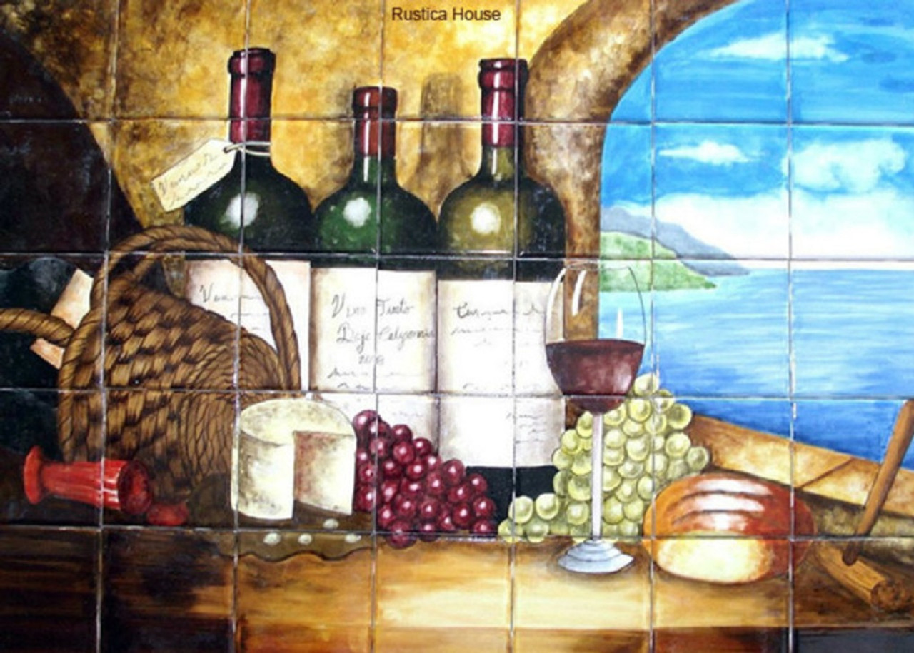 Hand-painted ceramic mural depicting a sophisticated still life of bread, wine, cheese, and grapes