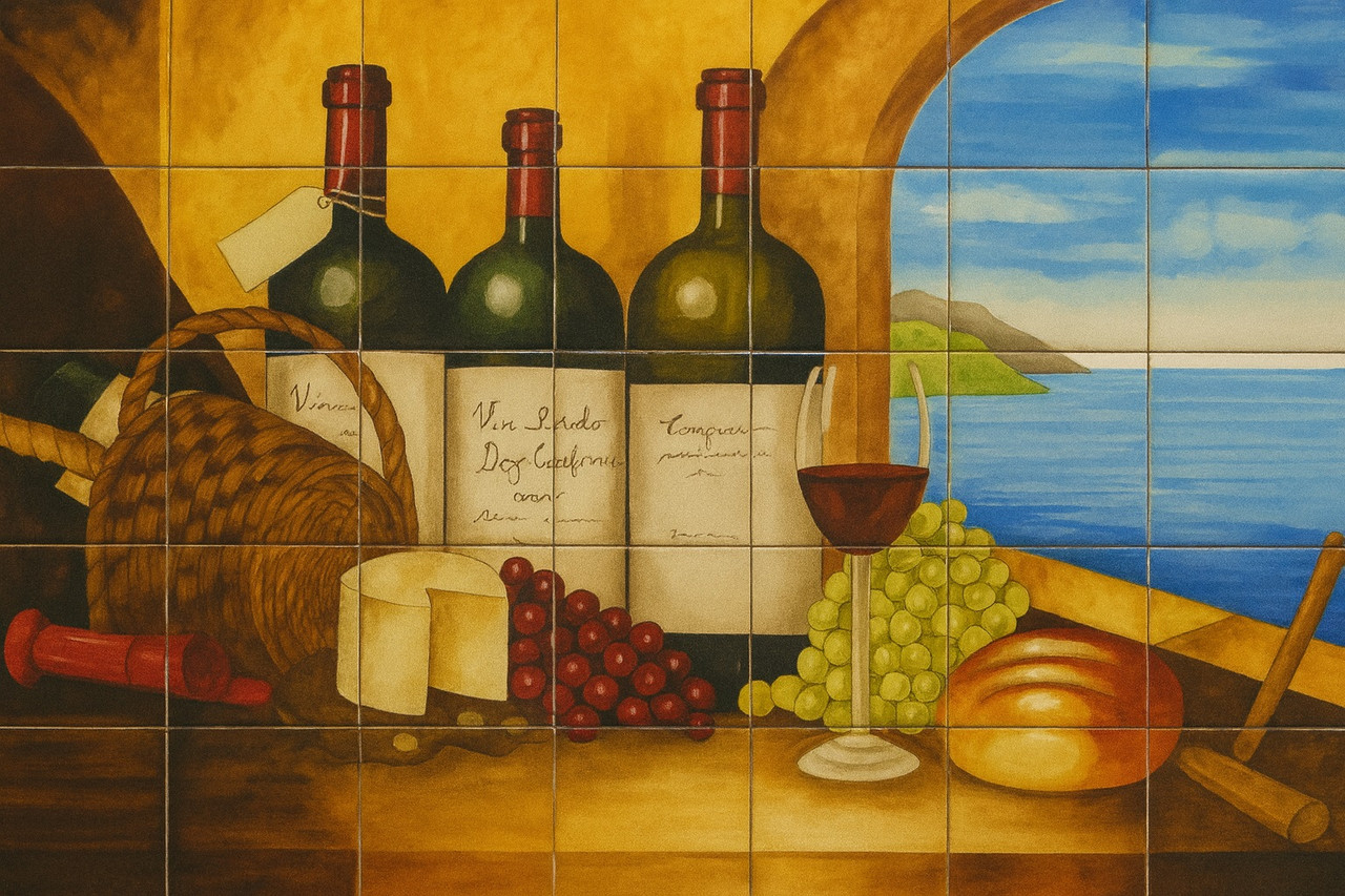Talavera tile mural with wine for a kitchen backsplash behind stove