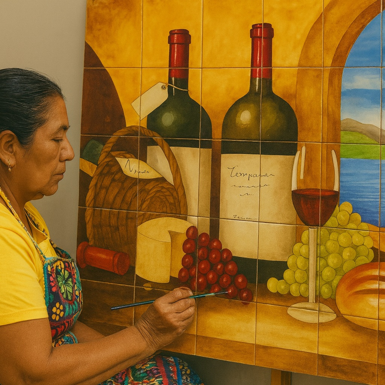 Talavera tile mural for a backsplash behind stove being painted by a Mexican artisan in her Dolores Hidalgo studio