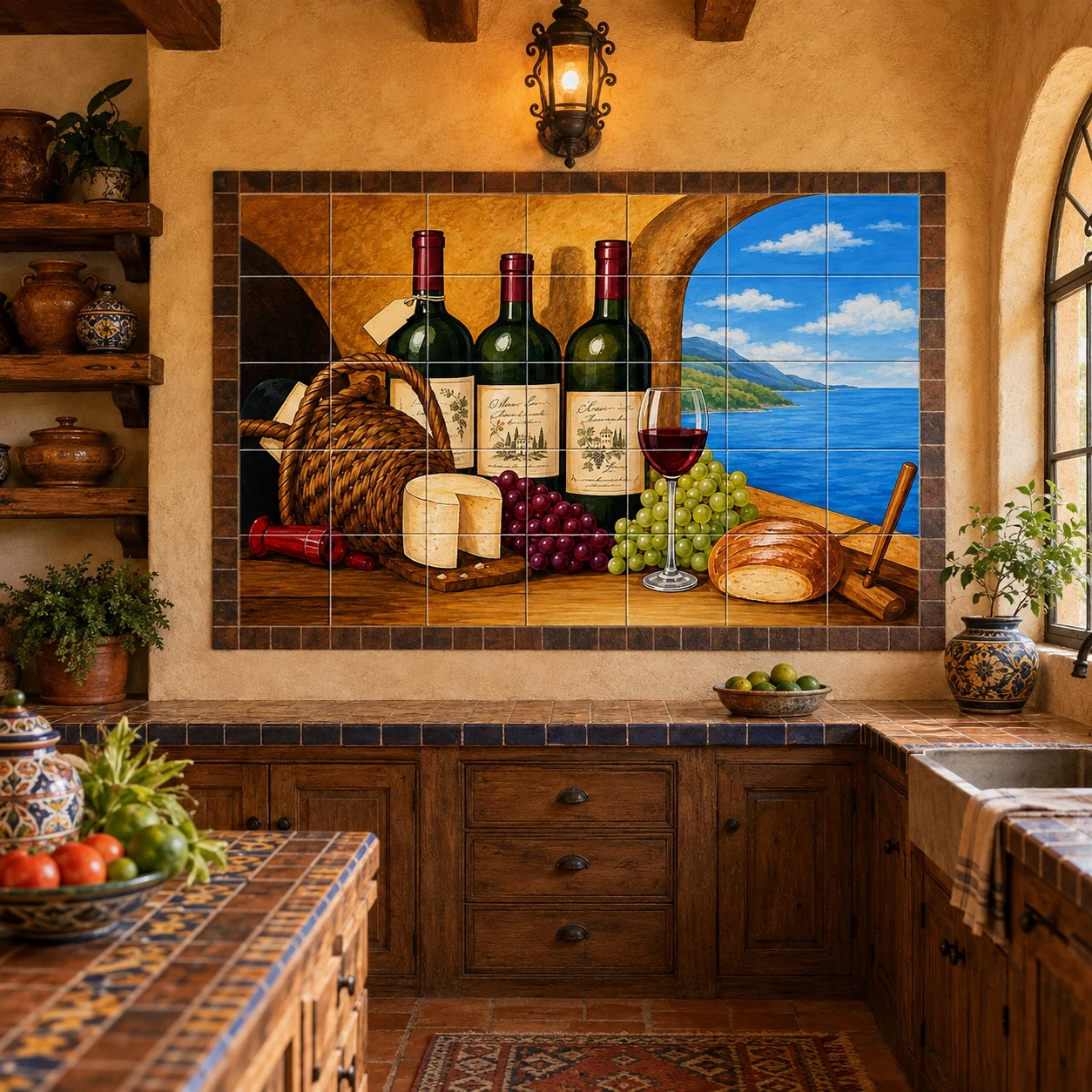 Talavera tile mural for backsplash behind stove in a hacienda kitchen with terracotta accents.