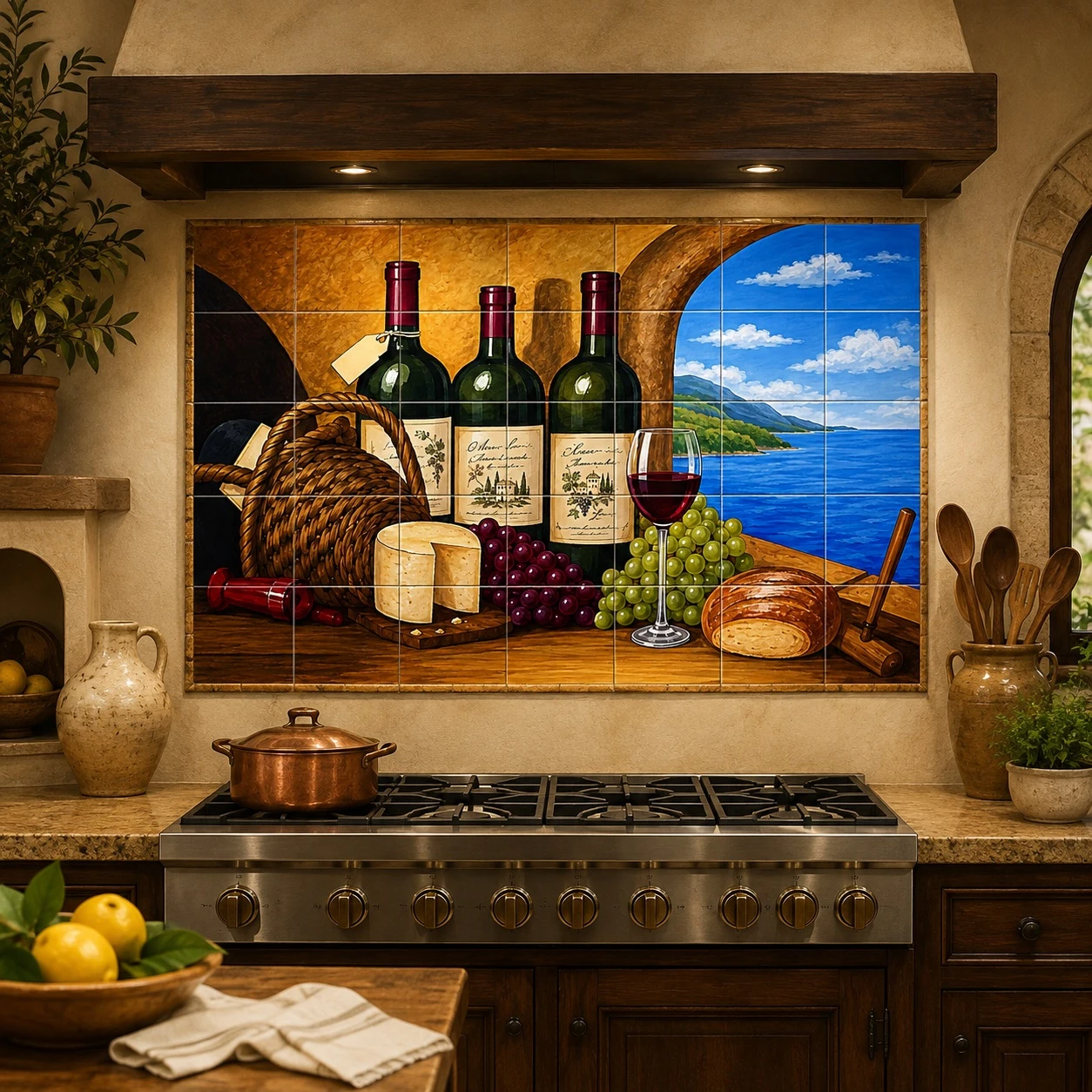 Talavera tile mural for backsplash behind stove in a cooking area with pottery and rustic textures.