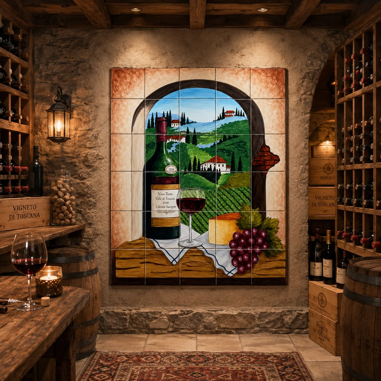 Mexican tile mural wine vineyard in a wine cellar with stone walls, wood racks, and warm lighting.