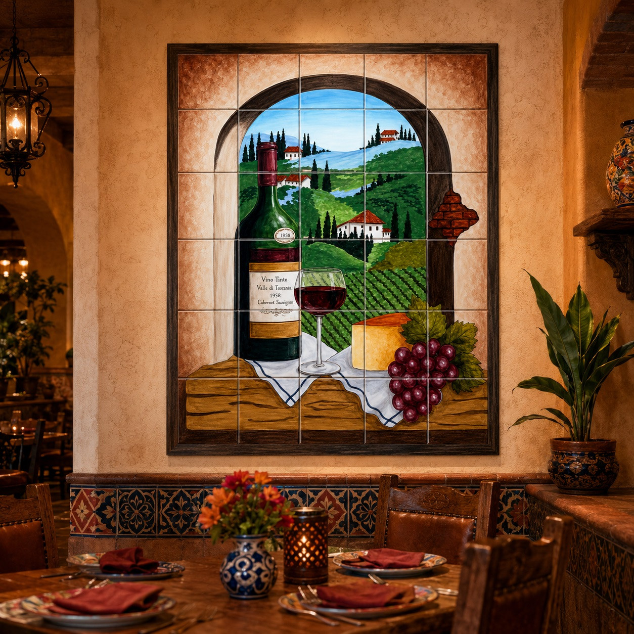 Mexican tile mural wine vineyard in a Mexican restaurant with rustic tables and colorful pottery.