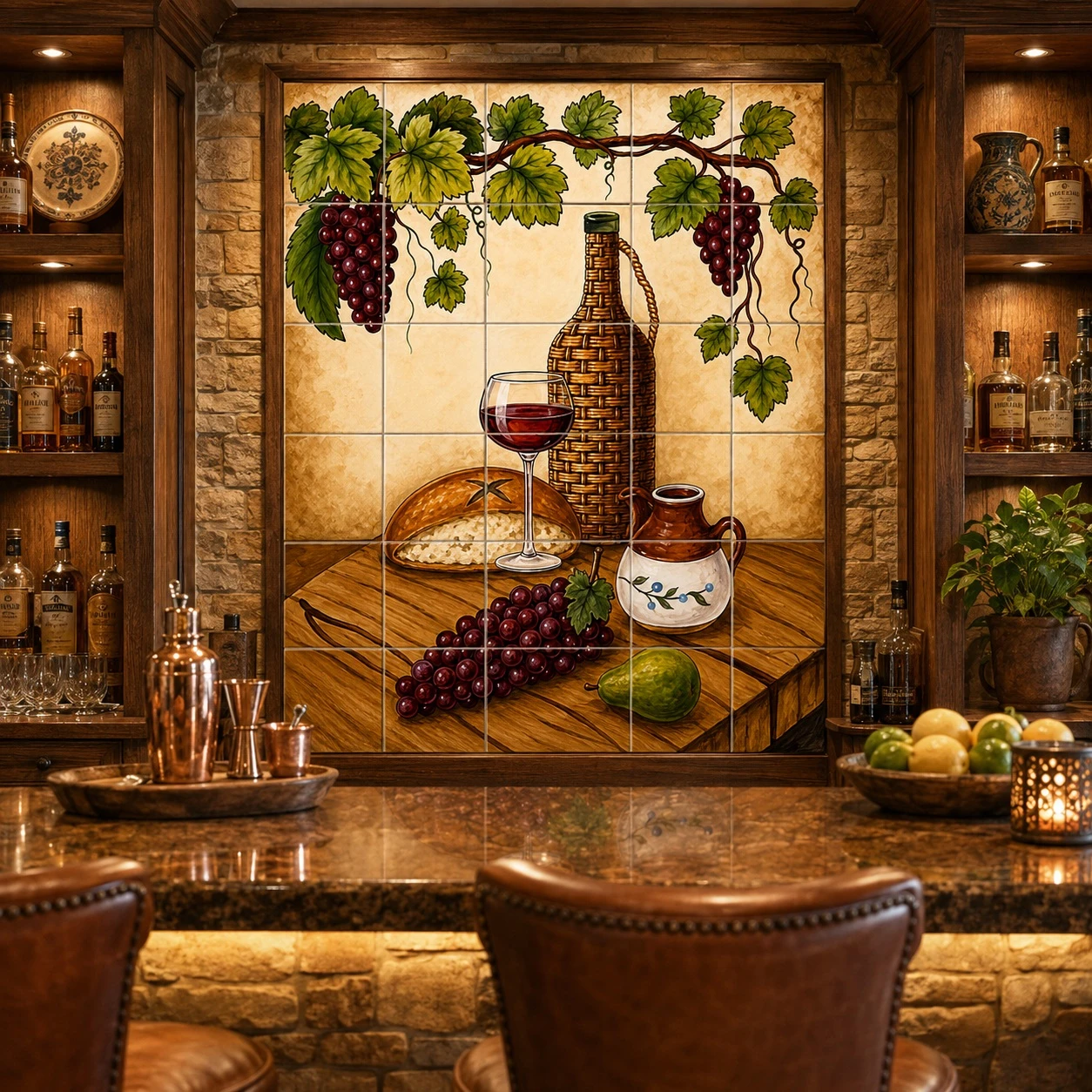 Mexican tile mural wine and grapes in a home bar with wood cabinetry and warm lighting.