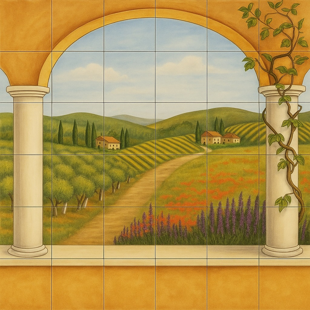 Talavera tile mural tuscan countryside